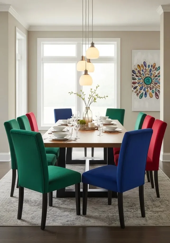 Dining room with bold jewel-toned chairs around a neutral wooden table.