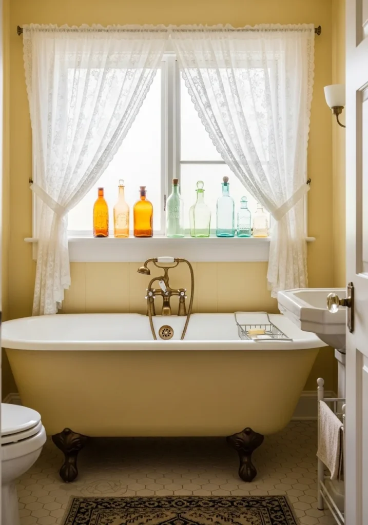 Bathroom with lace curtains filtering light, creating an elegant and soft ambiance.