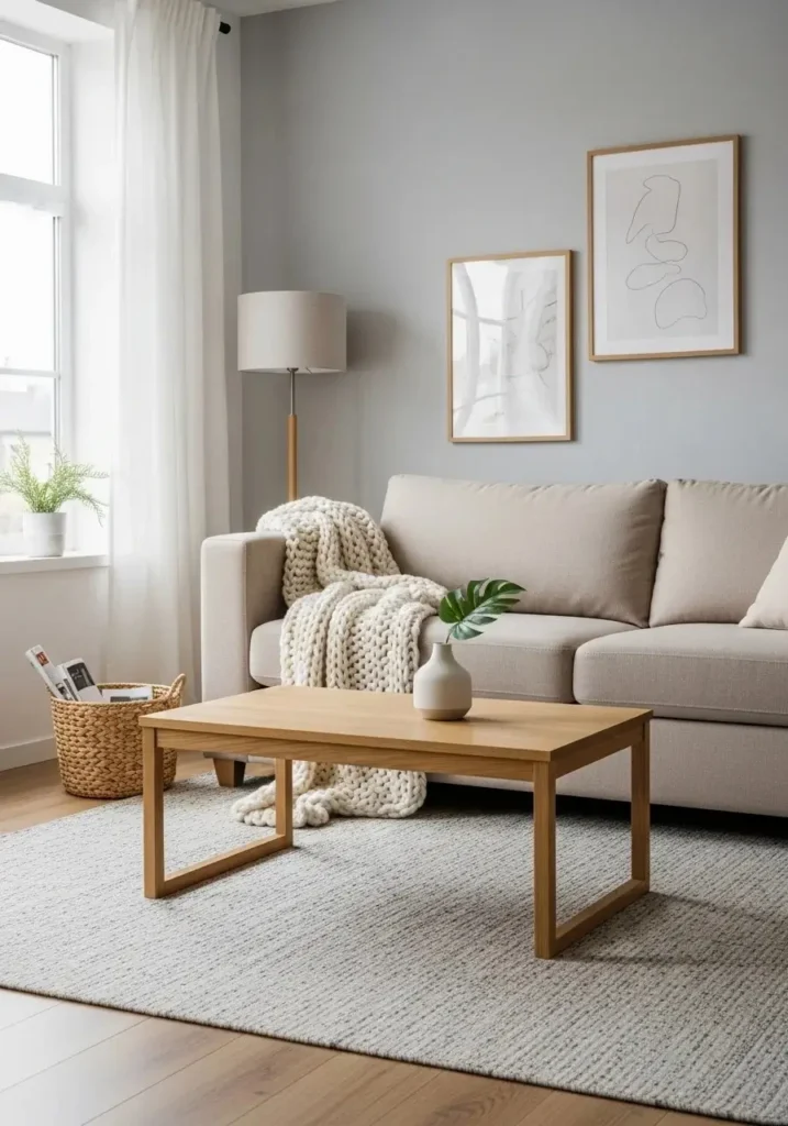 Modern neutral living room with beige sofa, light gray walls, oak furniture, and cozy textured accents.