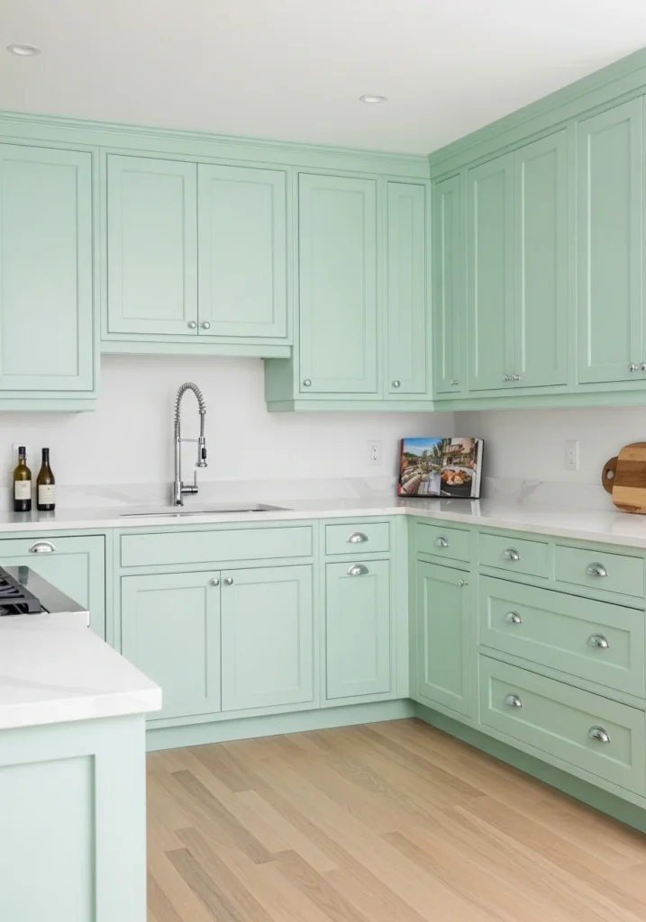 Kitchen with mint green cabinets, white countertops, and chrome hardware, bright retro feel.