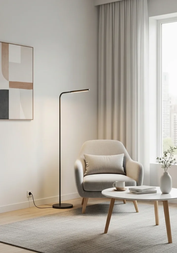 Minimal living room with sleek metal floor lamp design