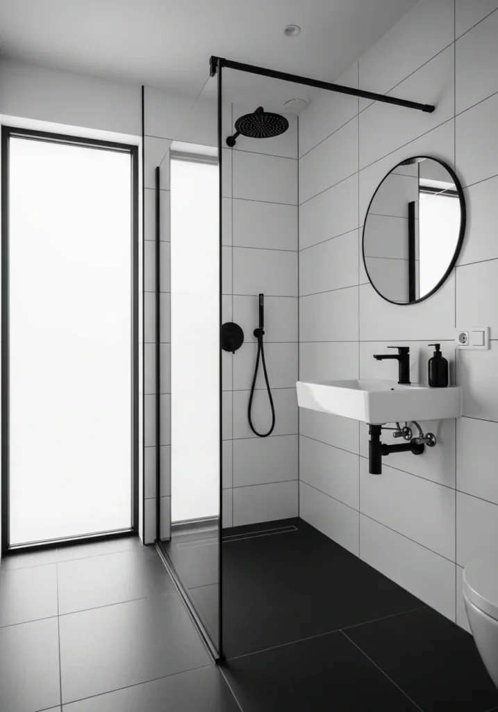 Black frame walk-in shower in a small modern bathroom