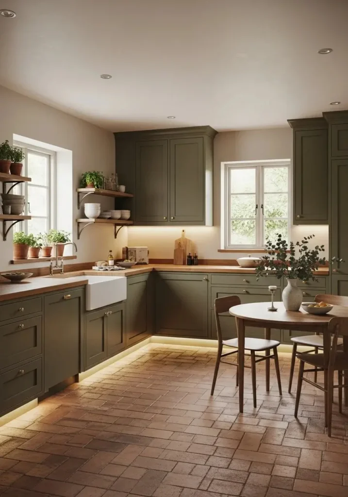 Kitchen with olive green cabinets, warm wood countertops, and terracotta floor tiles.