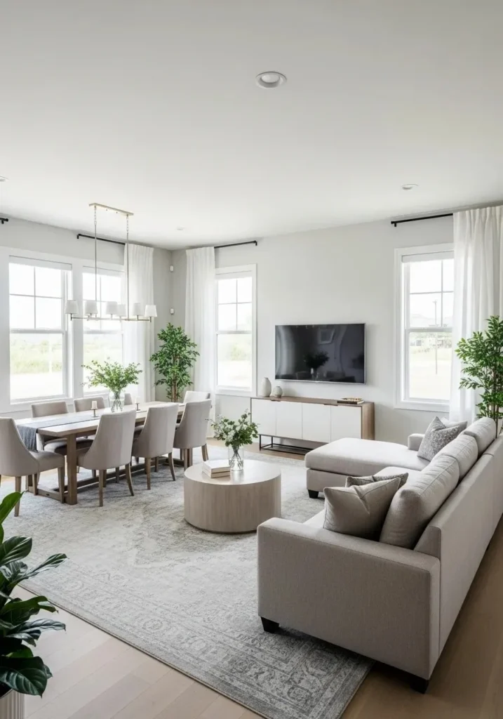 Open-concept living room layout with large rug anchoring the seating area.