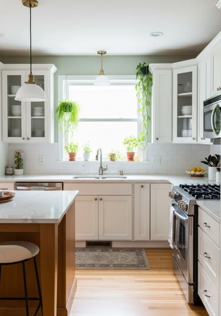 Kitchen with green walls and white cabinets, fresh and calming atmosphere.