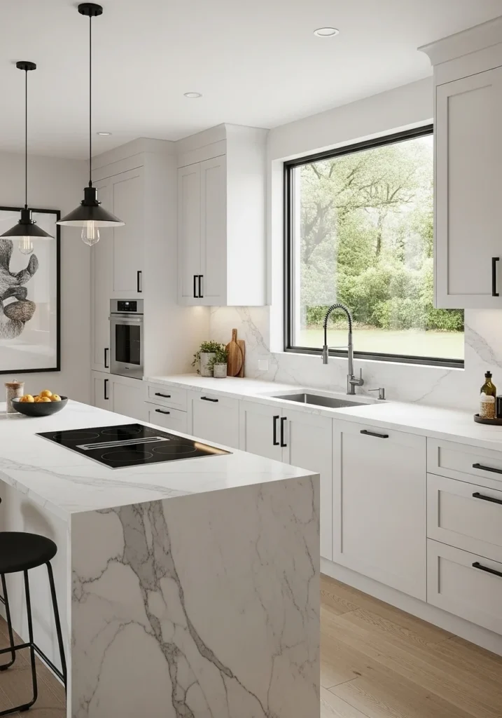 White kitchen cabinets with matte black hardware contrast