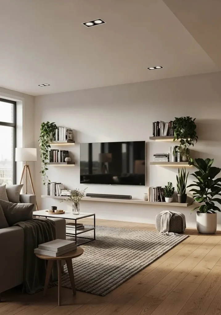 TV wall with floating shelves and decorative styling.