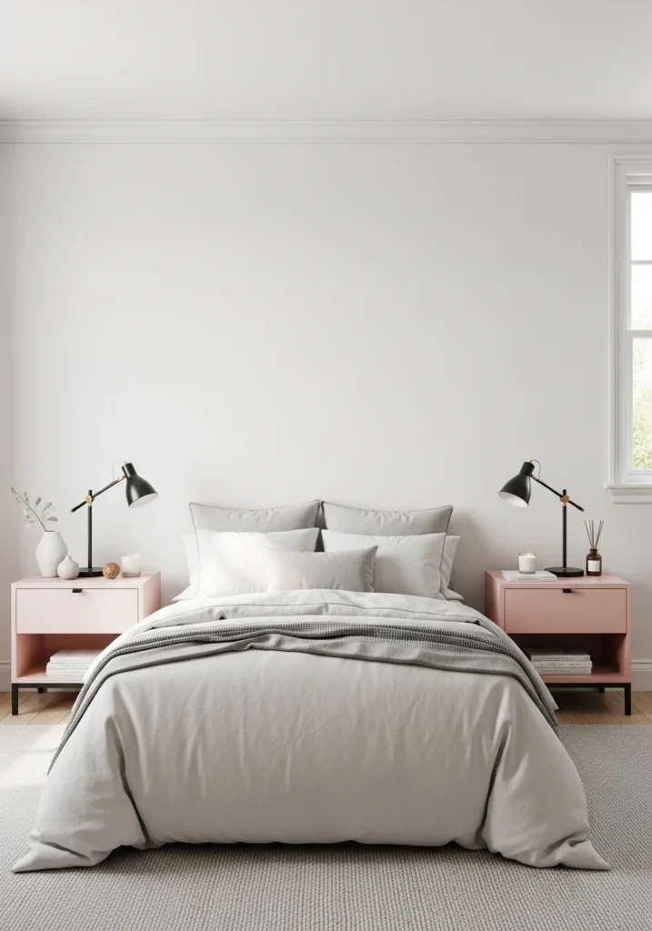 Soft pink nightstands complementing a neutral bedroom design