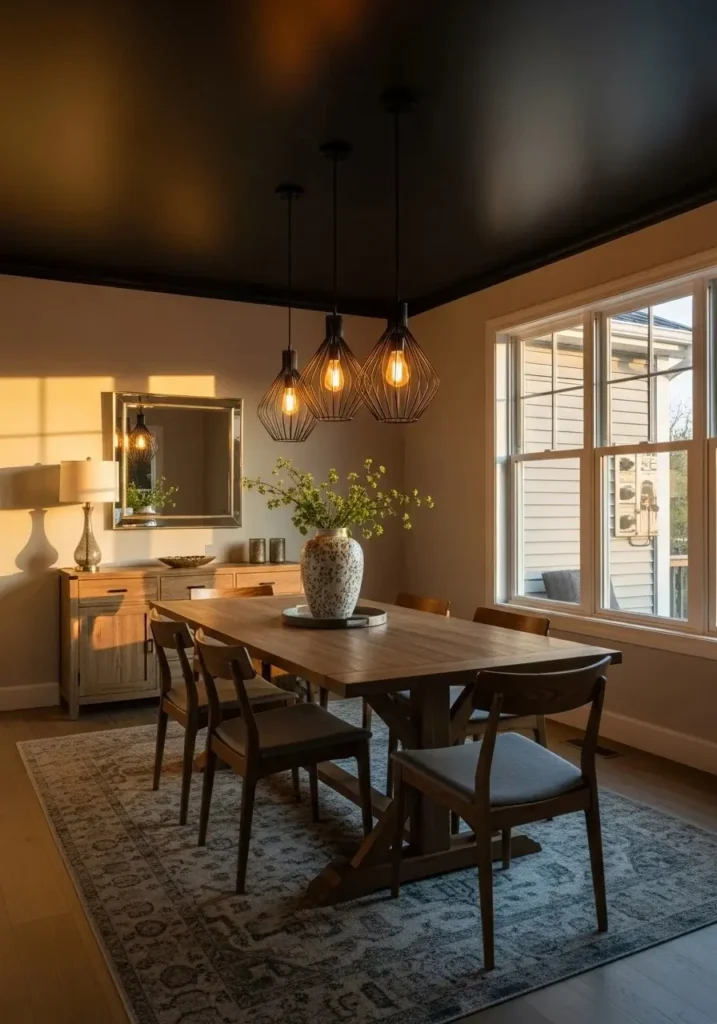 Dining room with black ceiling and warm lighting creating dramatic cozy atmosphere.