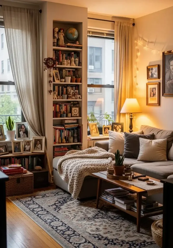 Small apartment living room styled with personal decor and photos.