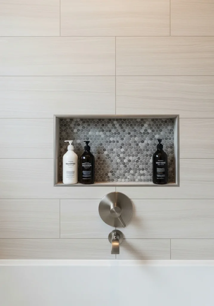 Built-in wall niche above bathtub for bathroom storage