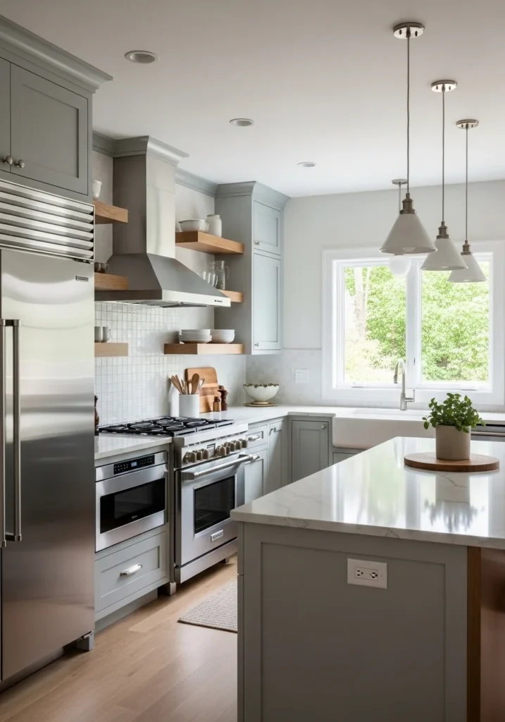 Pale gray-blue kitchen cabinets with brushed nickel hardware.