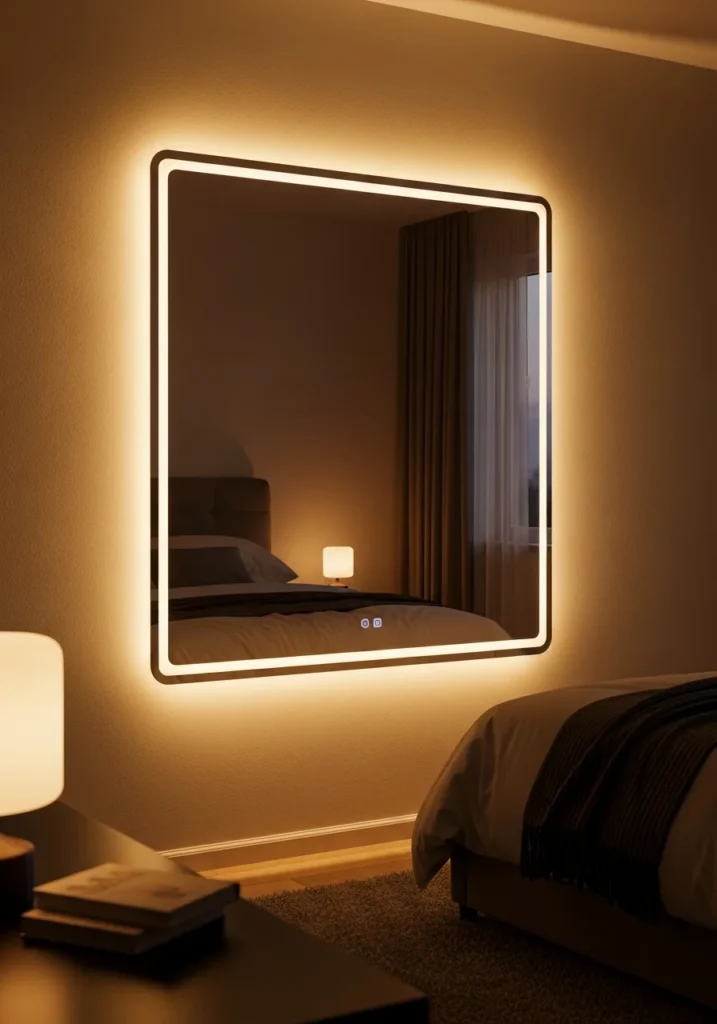 LED backlit mirror creating soft bedroom lighting ambiance
