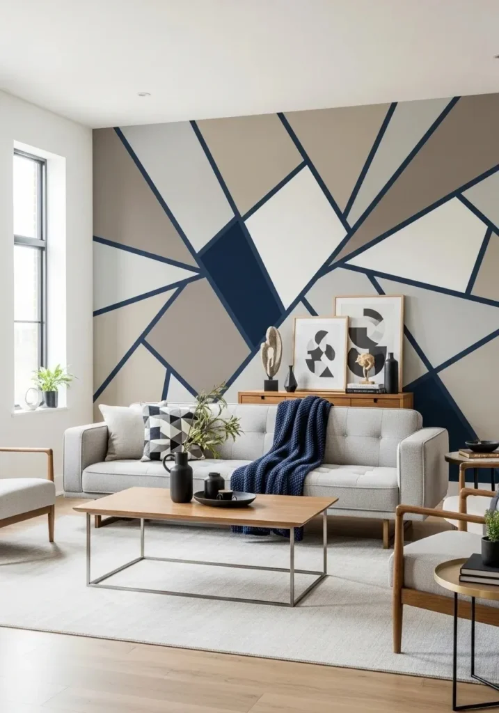 Geometric accent wall in living room with modern painted patterns