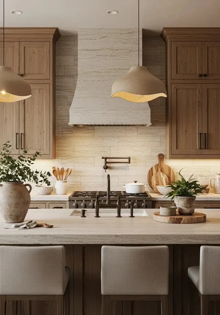 Natural stone tile backsplash with earthy tones in elegant kitchen