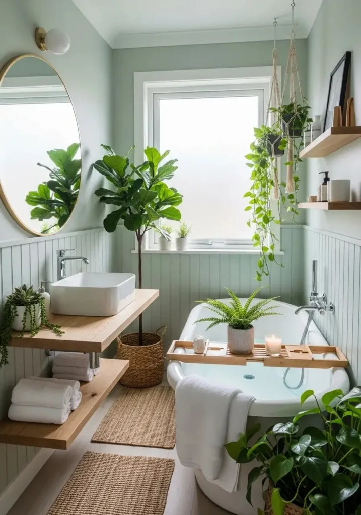Green plants placed near bathtub in small bathroom