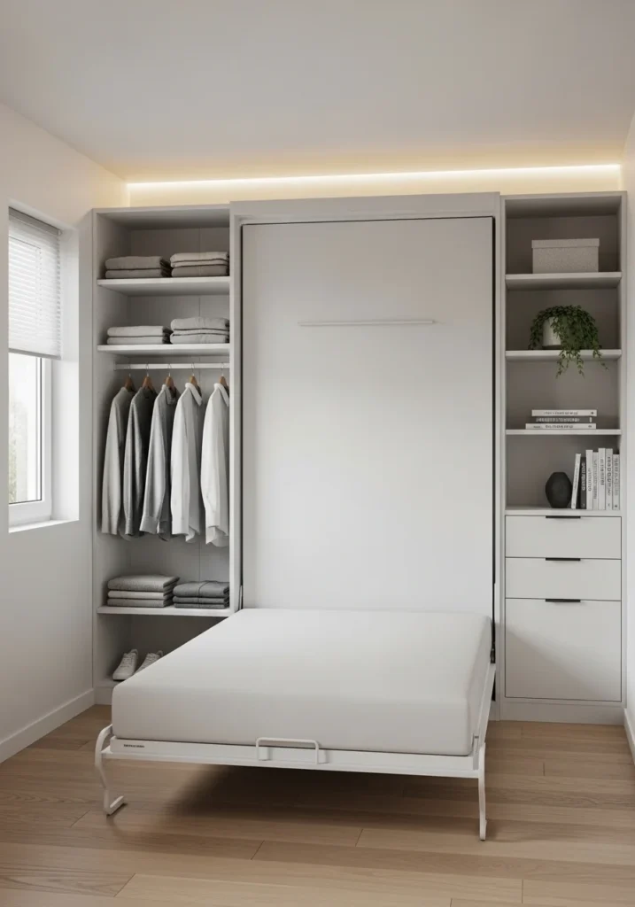 Murphy bed with integrated closet storage in a small bedroom.
