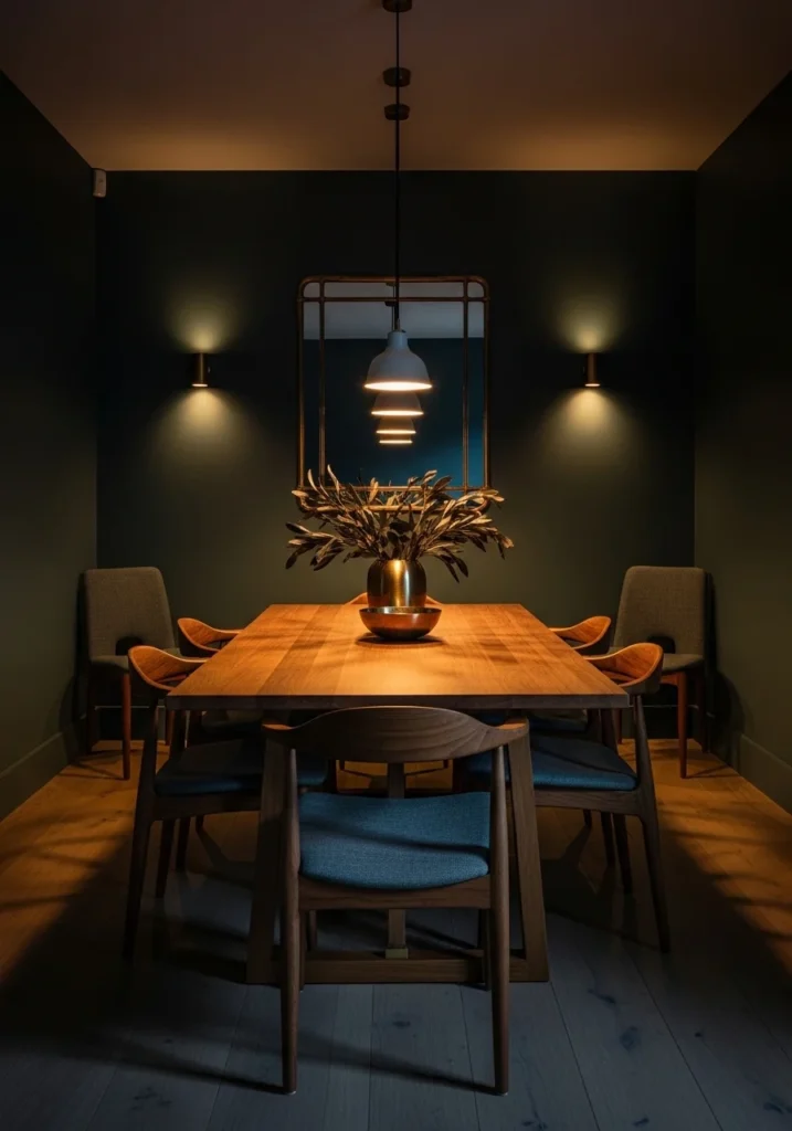 Deep teal dining room with warm wooden table and brass details.