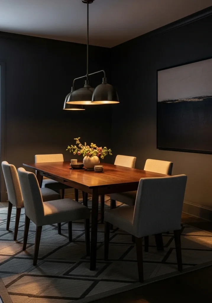 Moody dining room with deep charcoal walls and warm lighting.