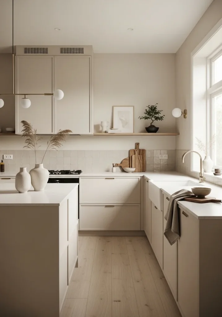 Japandi kitchen with neutral color palette in soft white, beige, and taupe tones creating a calm and airy space.