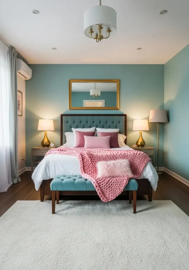 Teal pink bedroom with gold accents
