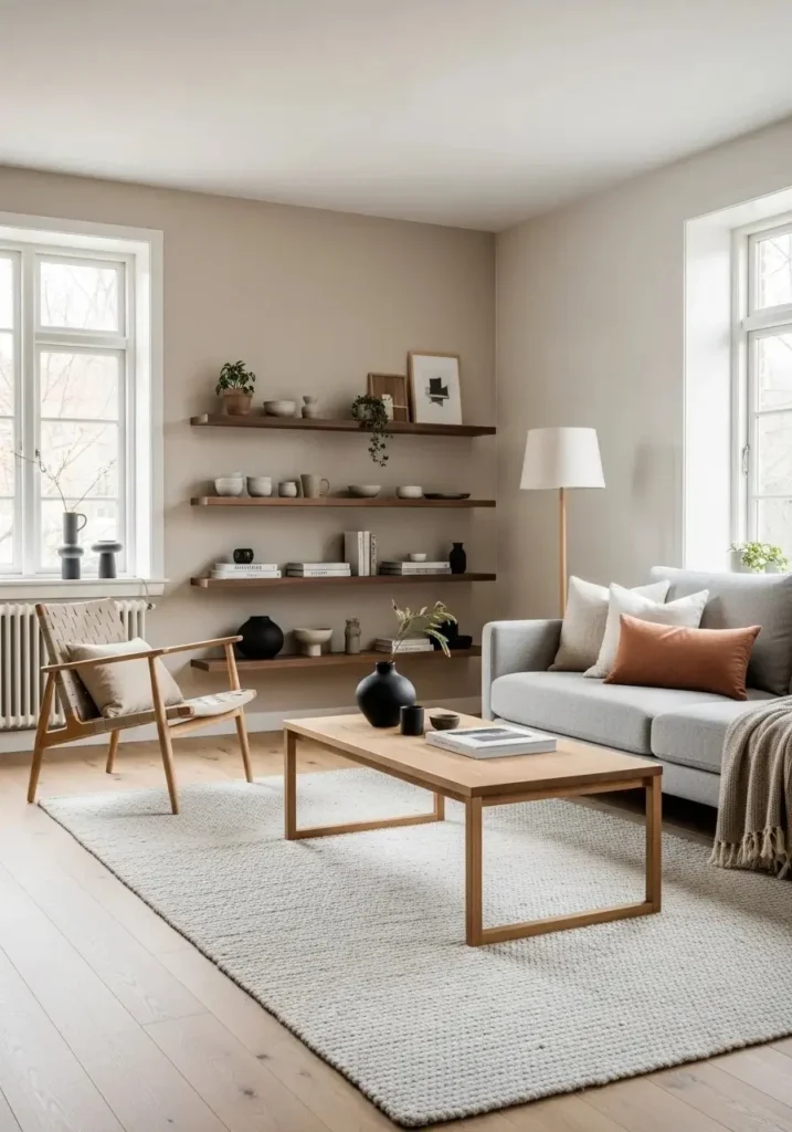 Japandi living room featuring mixed wood tones for warmth and balance