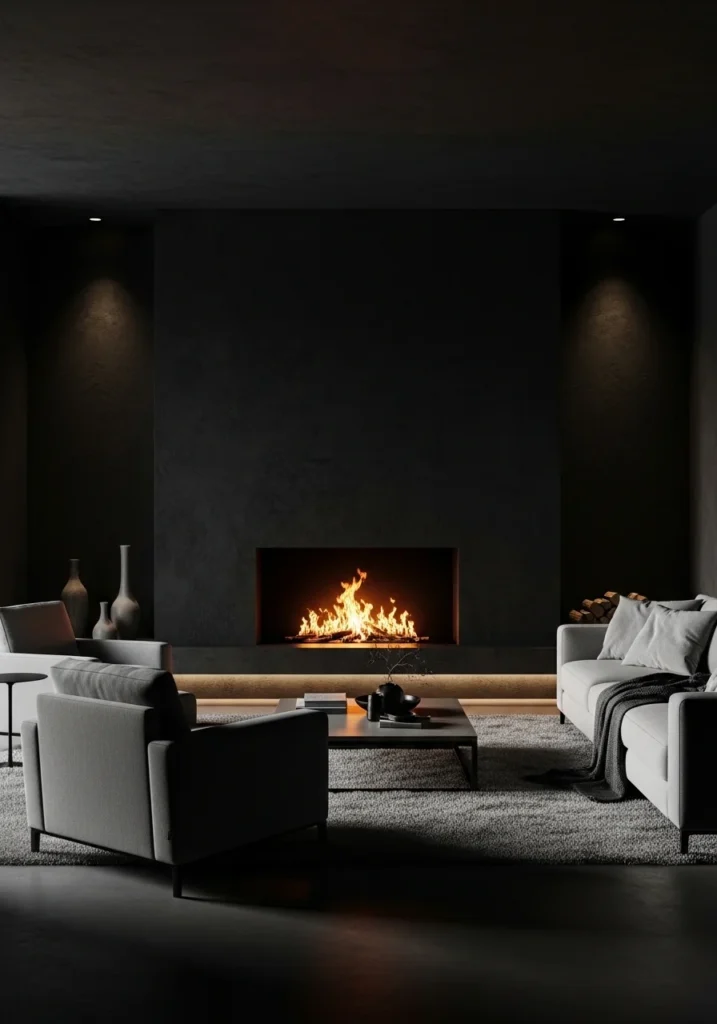 Statement fireplace wall in dark charcoal with a glowing fire and light furniture contrast.