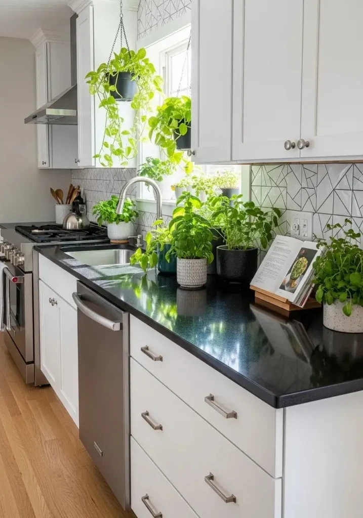 black and white countertops kitchen with indoor plants