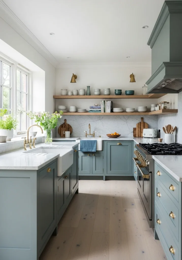 Muted teal kitchen cabinets with light countertops.