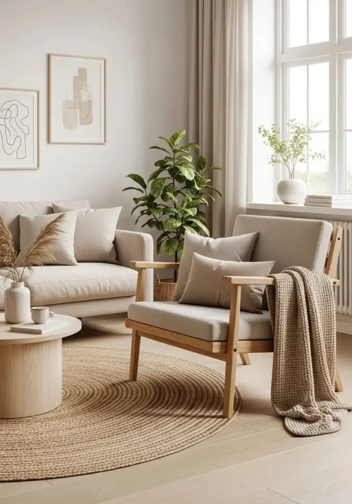 Wooden frame accent chair adding warmth to living room