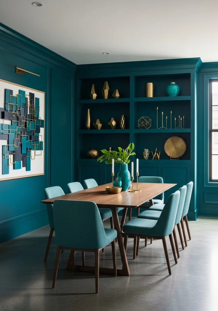 Teal color drenched dining room with wood table and brass accents.
