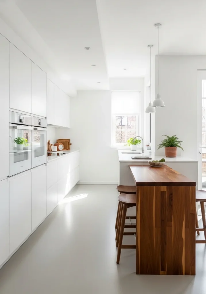 Long kitchen with integrated breakfast bar creating a cozy social corner
