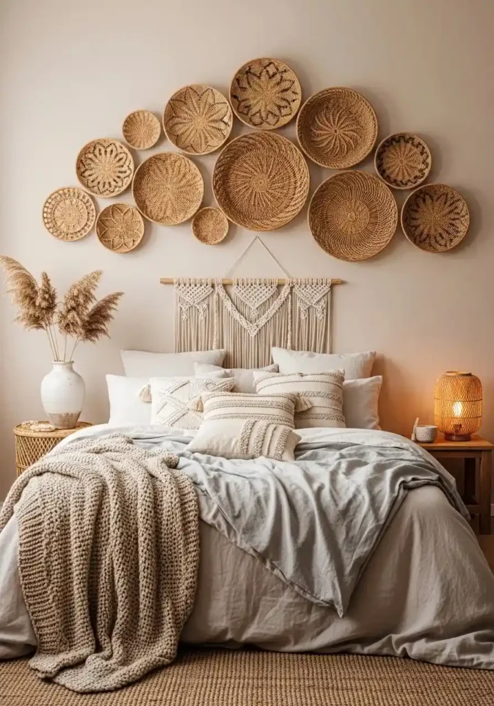 woven wall baskets used as boho bedroom wall decor