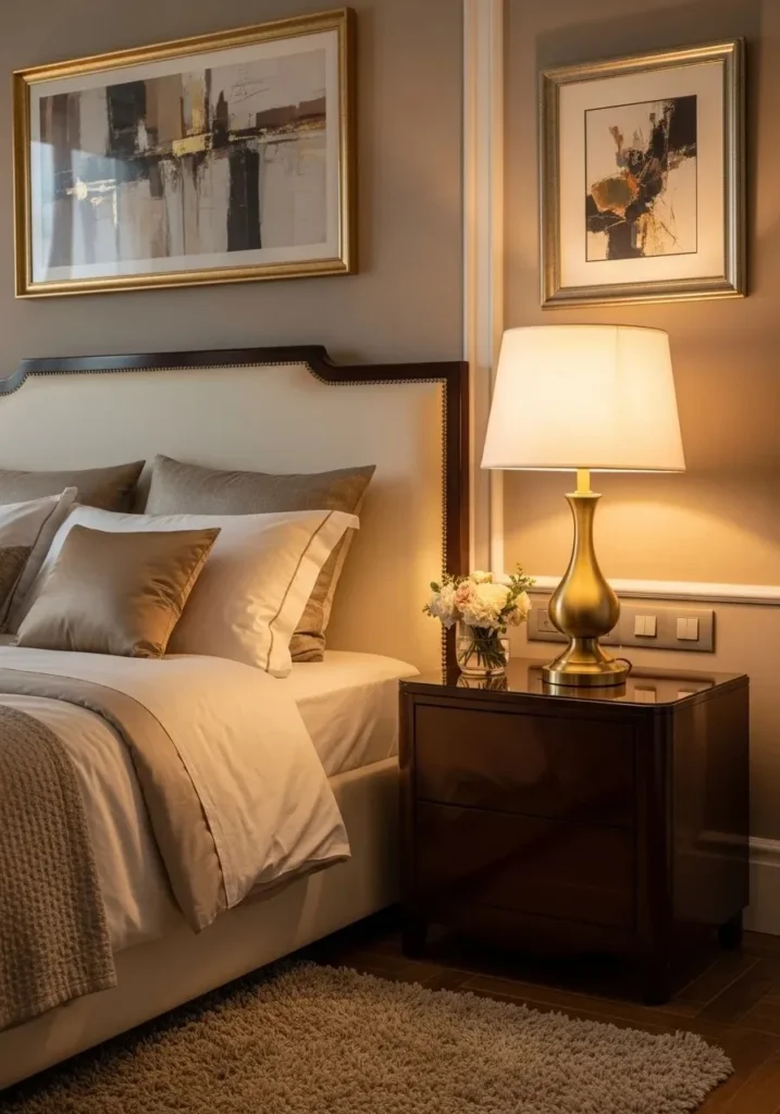 Gold accent table lamp on nightstand adding luxury style to bedroom
