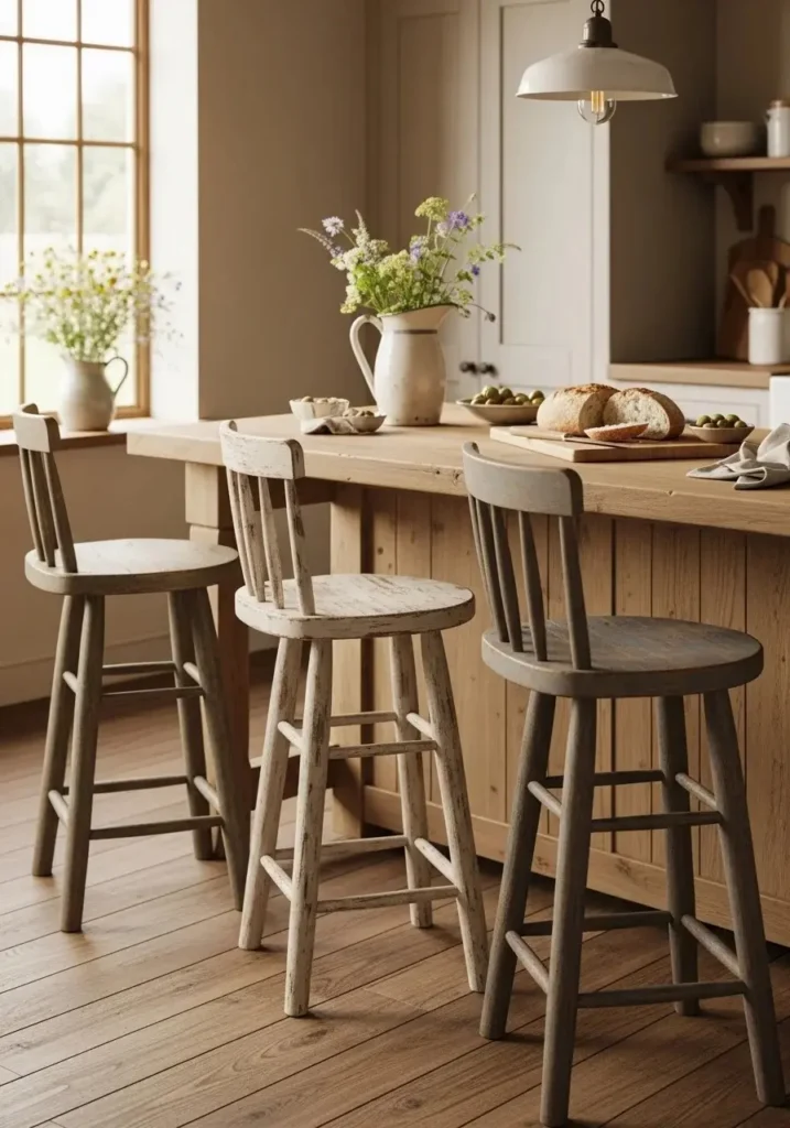 Rustic wooden bar stools at a farmhouse-style kitchen island for charm and comfort.