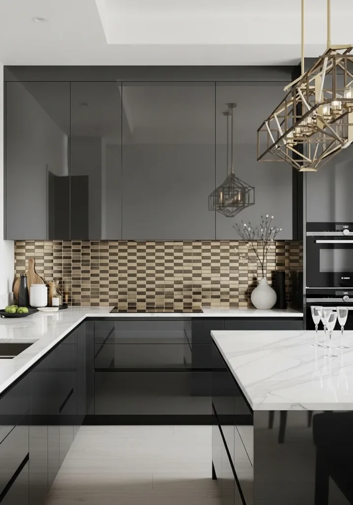 Metallic tile backsplash in modern kitchen with gold and reflective finish