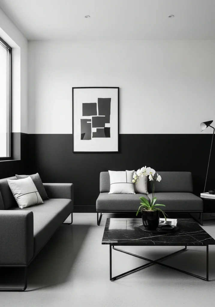Black and white accent wall in living room with modern contrast style