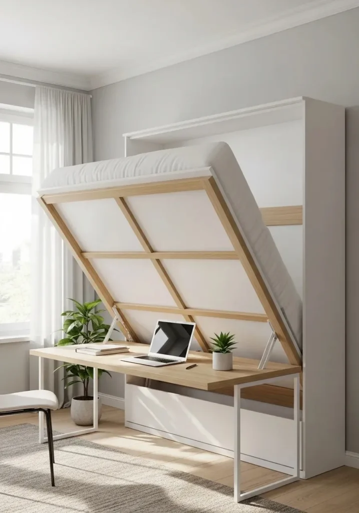 Murphy bed with desk combo creating a multifunctional home office and guest bedroom.