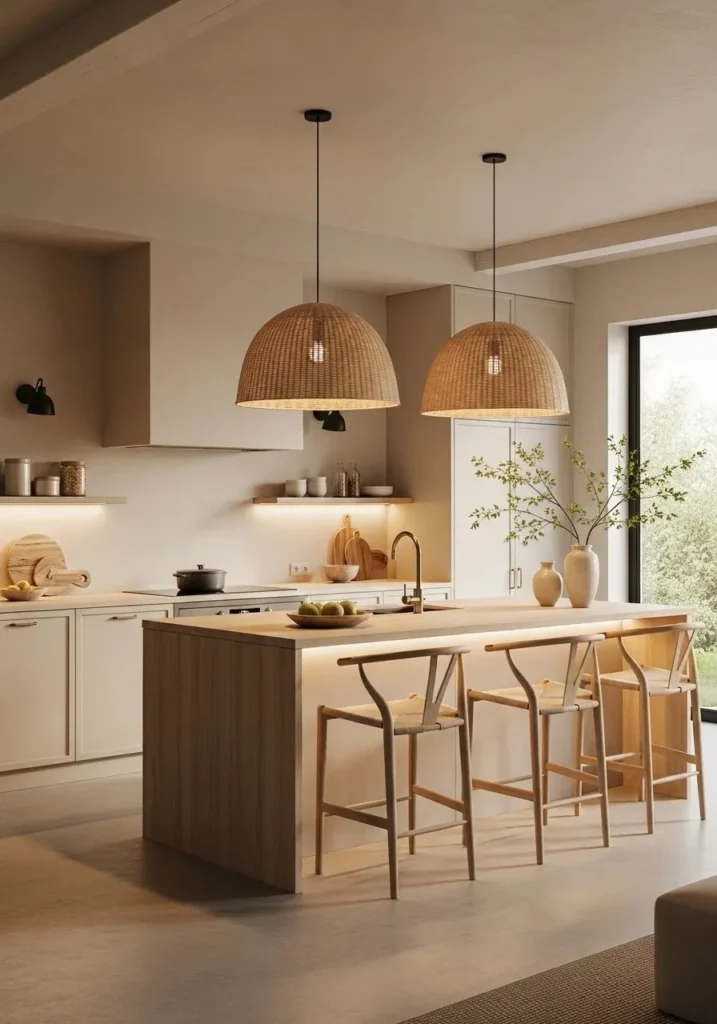 Japandi kitchen with soft warm lighting creating a cozy and peaceful atmosphere.