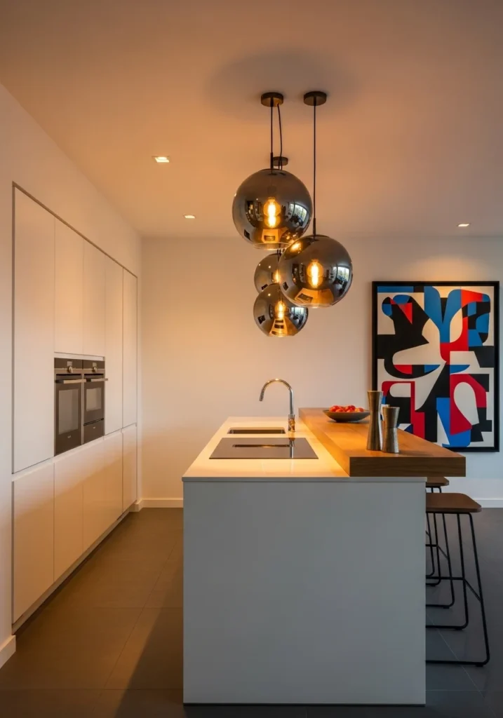 One wall kitchen with island and statement lighting