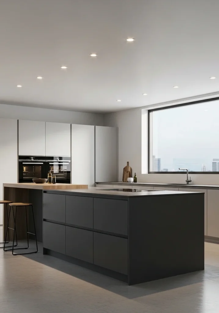 Recessed lighting above a kitchen island providing clean, unobtrusive illumination.