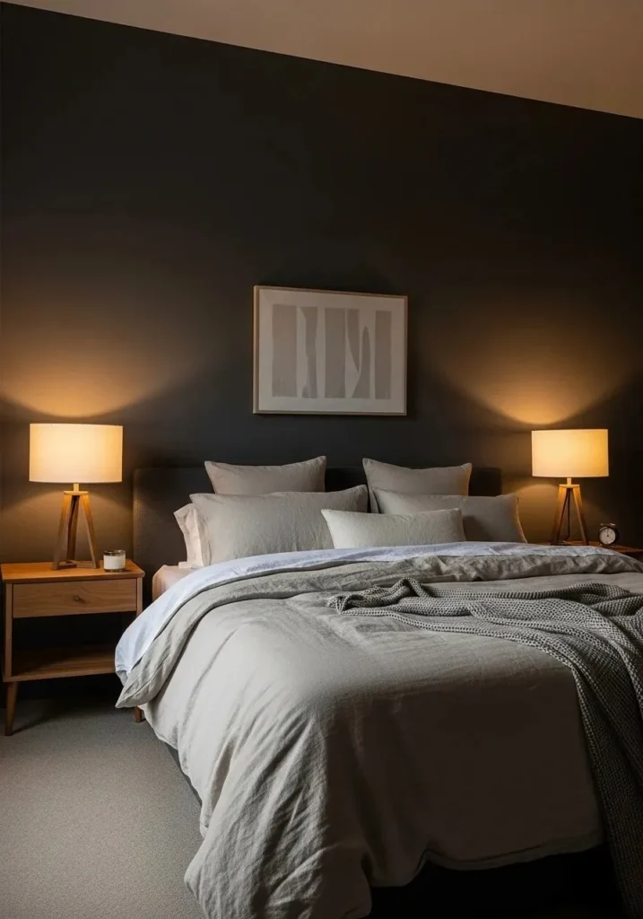 deep charcoal wall moody bedroom cozy modern design