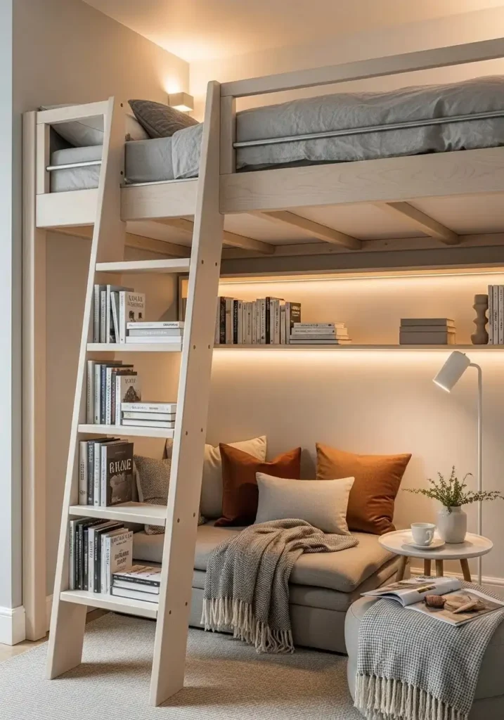 Loft bed with built-in bookshelf ladder steps for storage and decor.