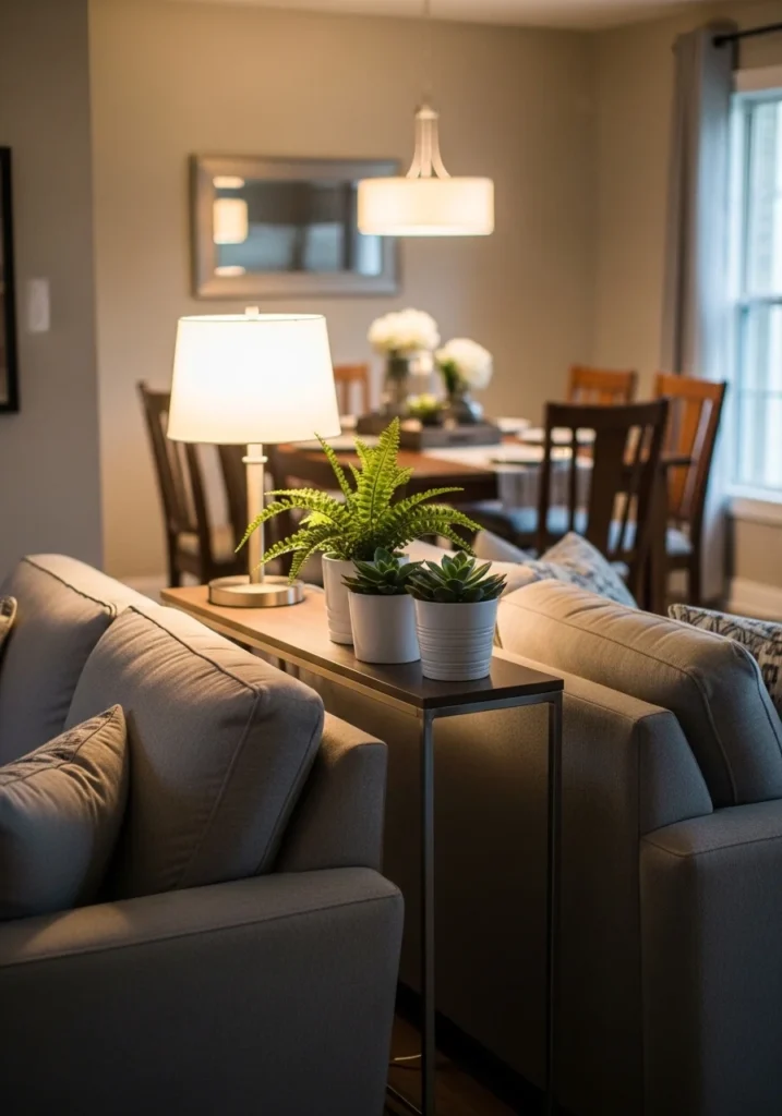 Console table used as divider between living room and dining area