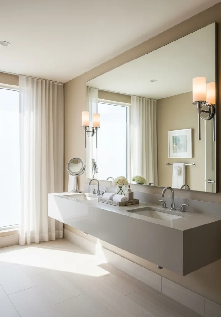 Double sink bathroom with large shared mirror and side sconces.