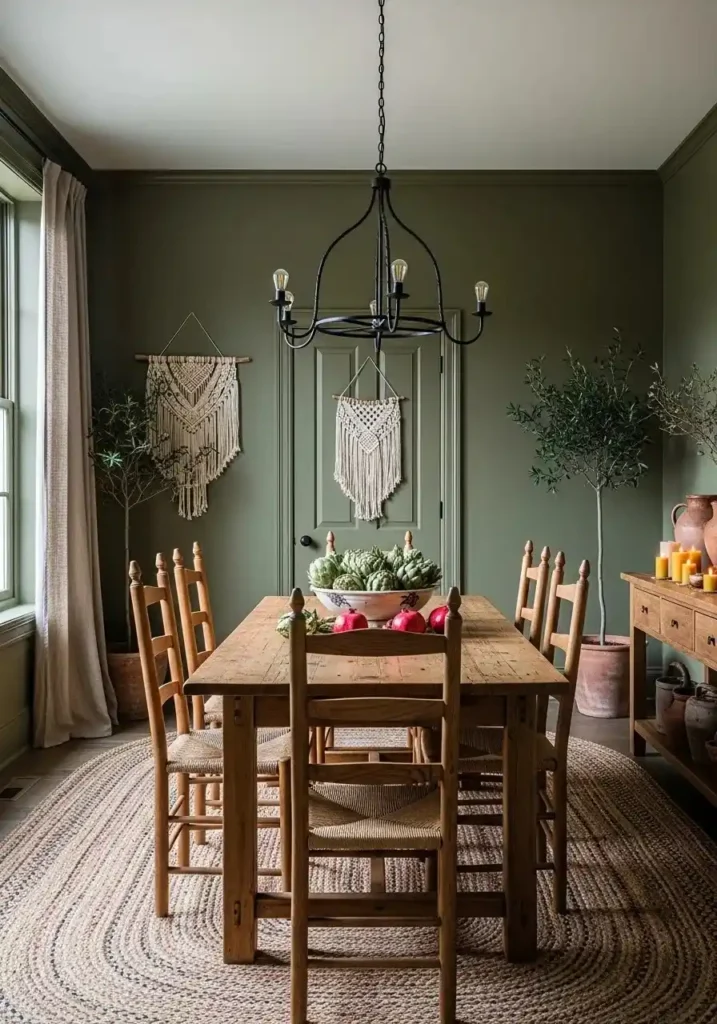 Olive green color drenched dining room with natural wood furniture.