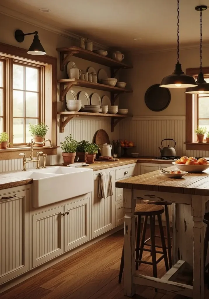 Beadboard backsplash with farmhouse sink in cozy rustic kitchen