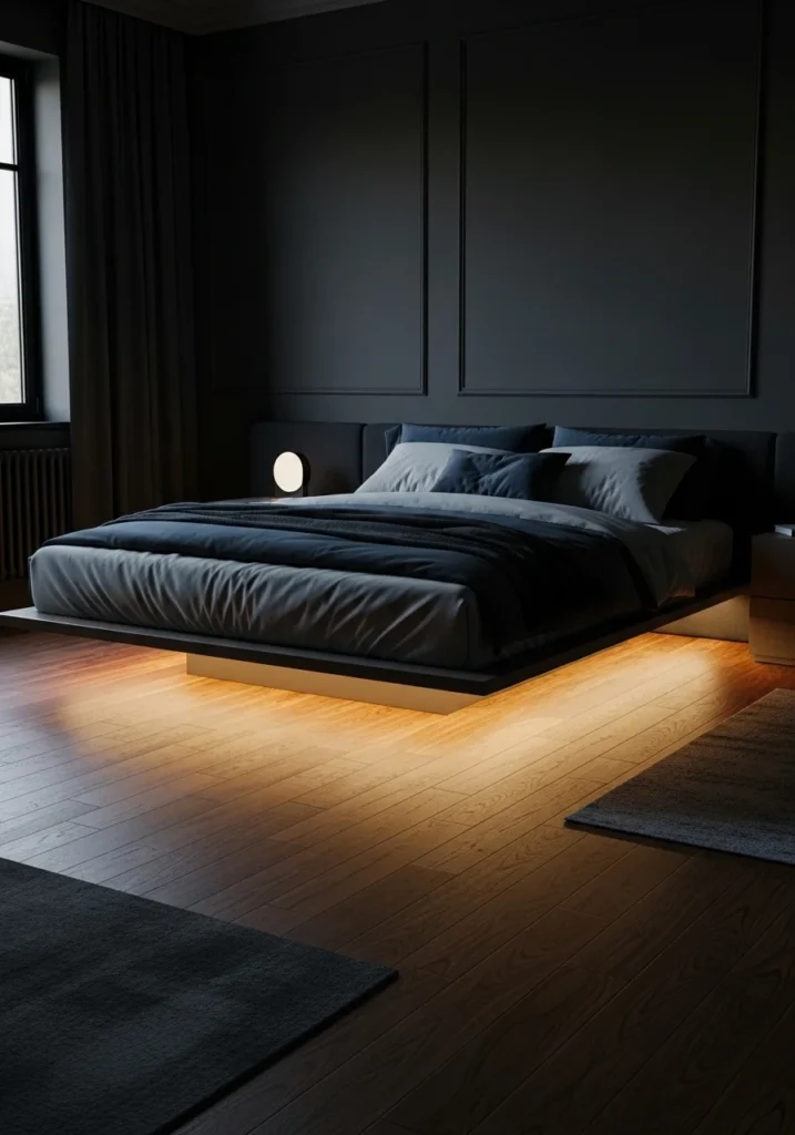 under bed LED lighting creating floating bed effect in bedroom