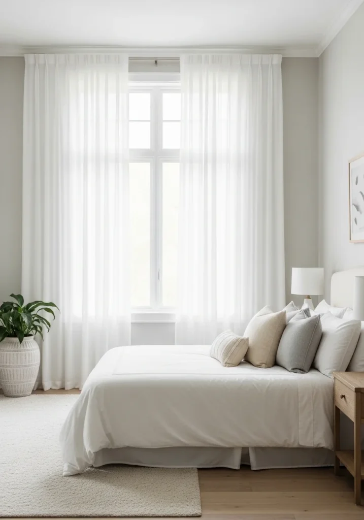 Full bedroom view long curtains bright airy elegant feel