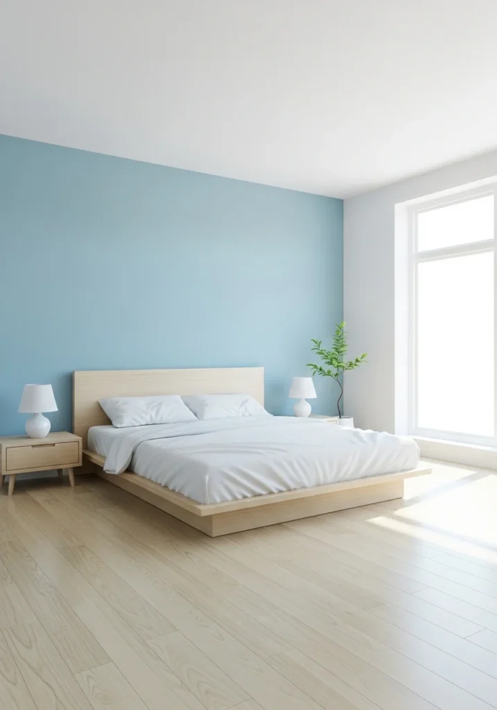 Blue and white minimalist bedroom with a clean, bright, and calming aesthetic